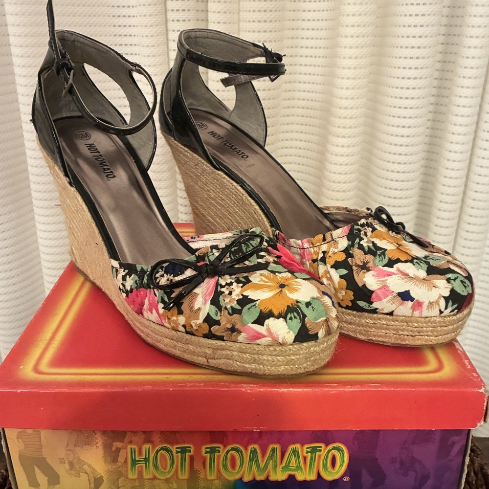 Hot Tomato Floral Wedge Sandals - Black and Multicolor